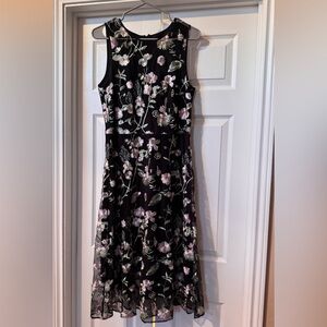 DKNY Black Midi Dress with Pink and Cream Floral Embroidery